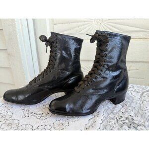 Antique 1910&#39;s Edwardian Womens Black Leather High Lace Up Boots Sz 5